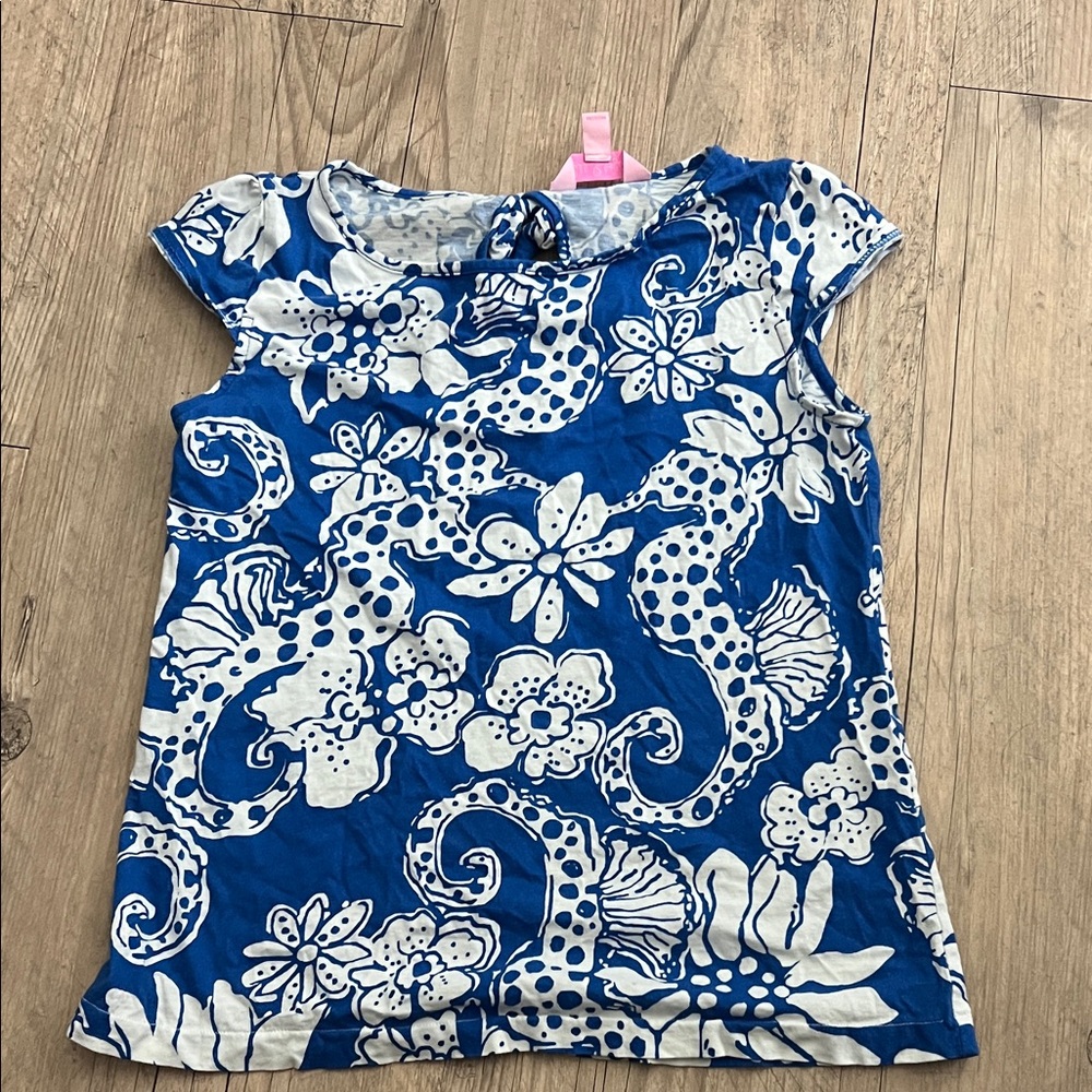 Lilly Pulitzer Blue and White Kids Tee with Floral Seahorse Design